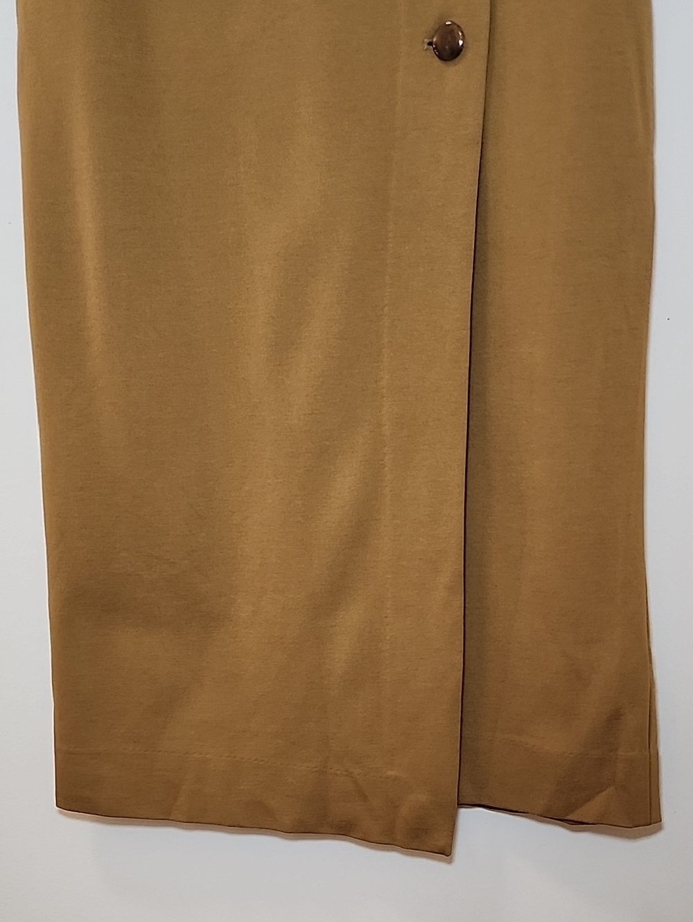 Babaton Knit Faux Wrap Skirt tan color buttoned asymmetrical crossover front 4 - Picture 6 of 16
